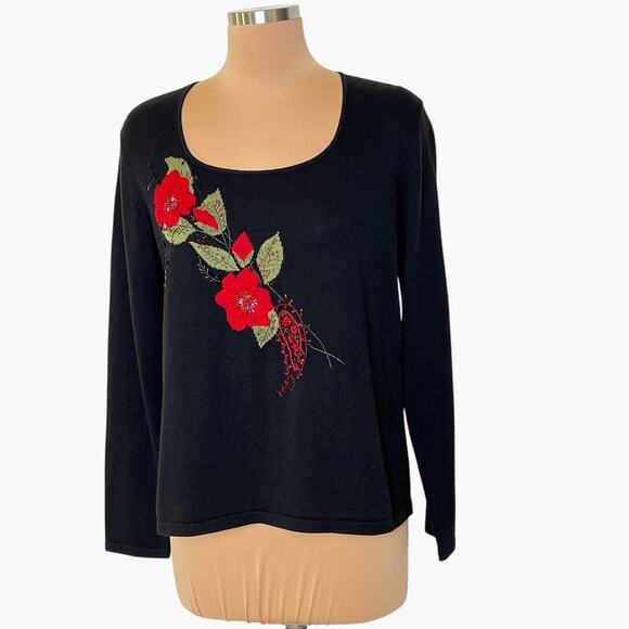 Vintage Emma James Knit Sweater Black Size Large Embellished Beaded Red Flowers - Picture 2 of 9